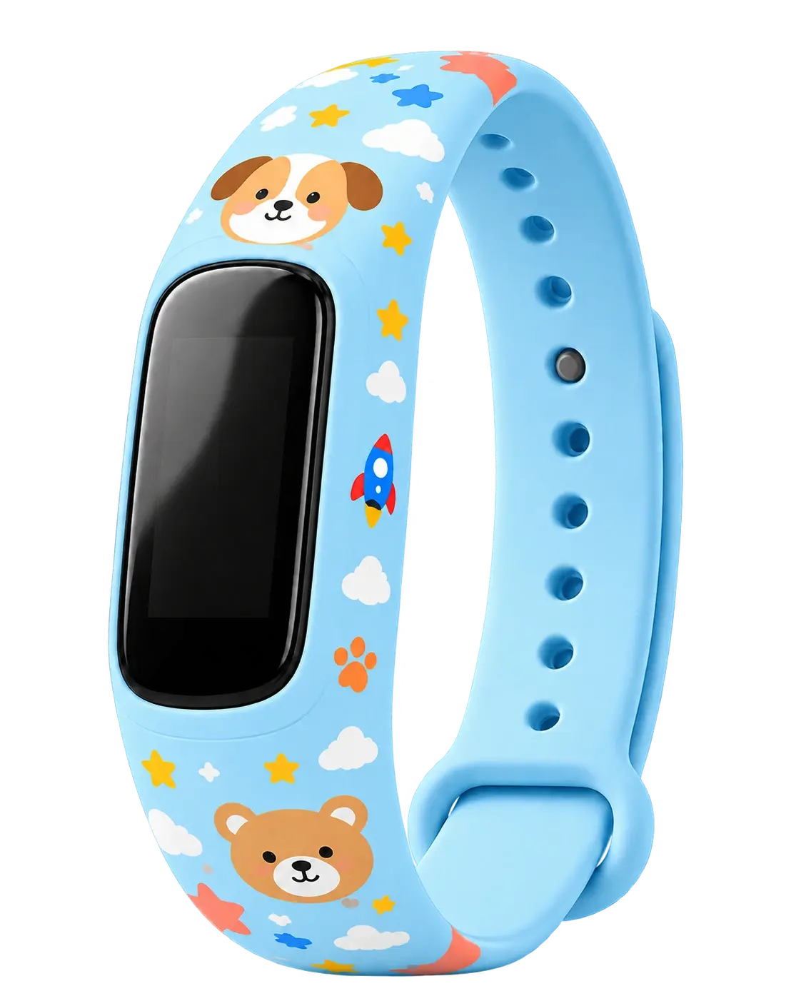 A pale blue fitness band printed with a dog, bear, rocket, clouds and stars.