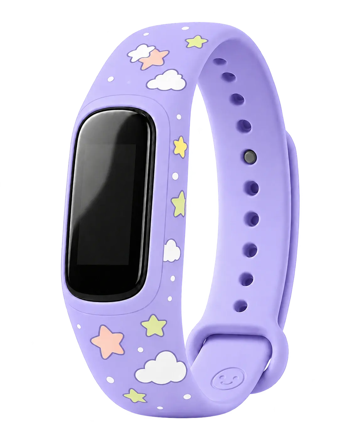A lilac fitness band printed with pastel stars, clouds and dots.