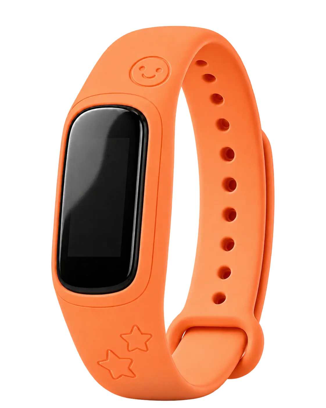 An orange fitness band with an embossed smile and stars.