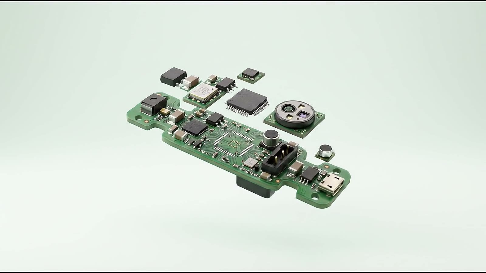 A rendered circuit board with its components lifted off it and floating above, on a pale green ground.